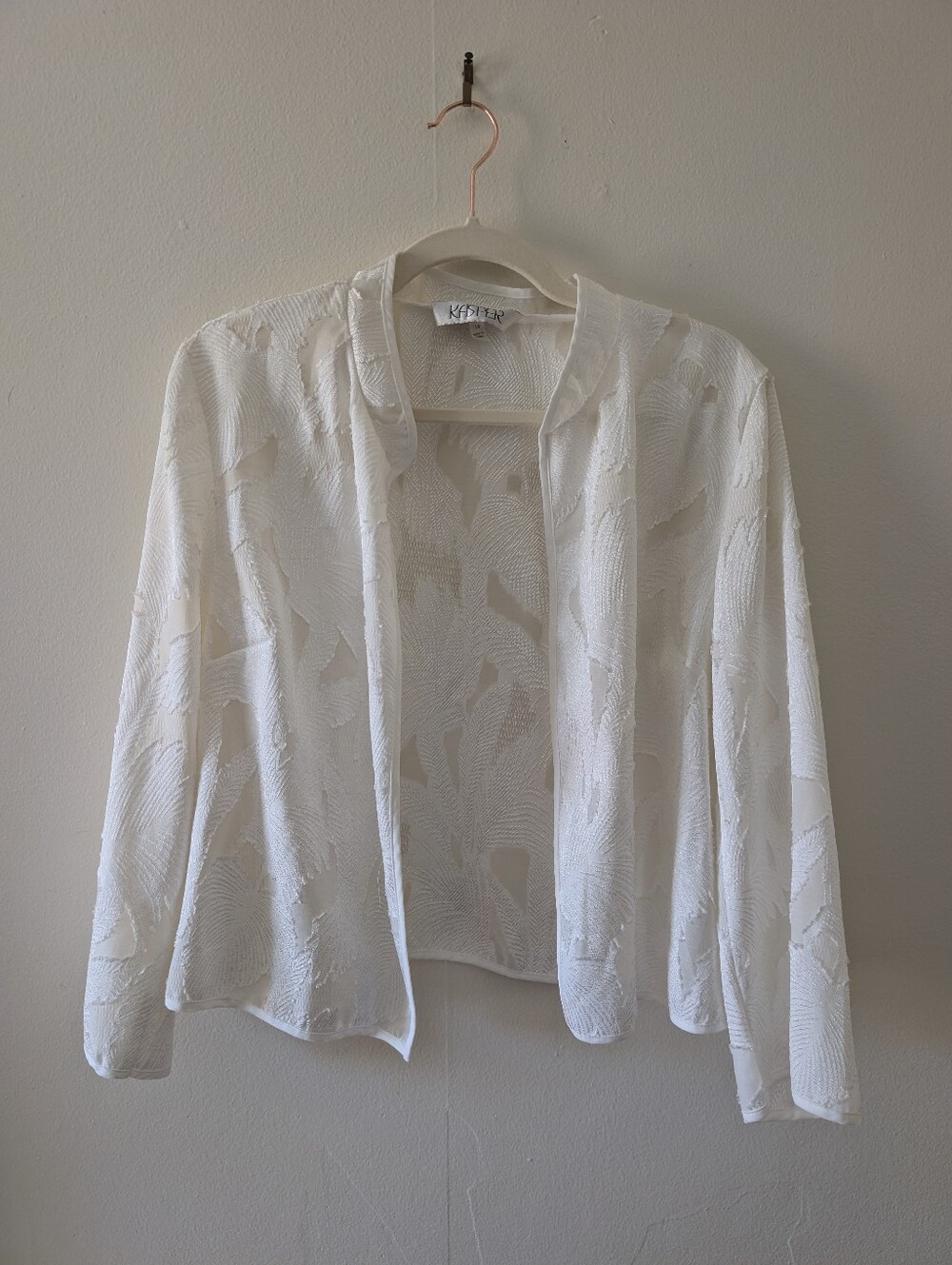 KASPER White Sheer Leaf Jacquard Open Front Blazer Jacket Topper Size 14